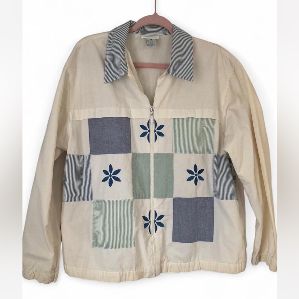 Alfred Dunner Cream and Blue Floral Patch Bomber Jacket